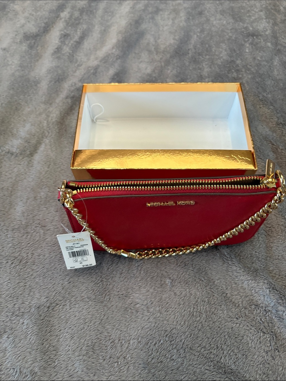 Michael Kors Red Leather Jet Set Pouchette with Gold Chain